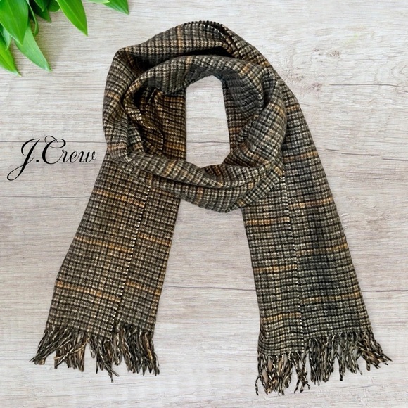 J.Crew RARE 100% cashmere Scottish houndstooth plaid long scarf with fringe - Picture 2 of 9